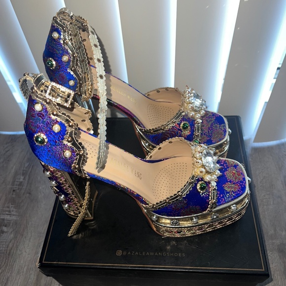 Azalea Wang Embellished Platform Heels | Royal Blue Gold | Statement Shoes - Picture 1 of 5